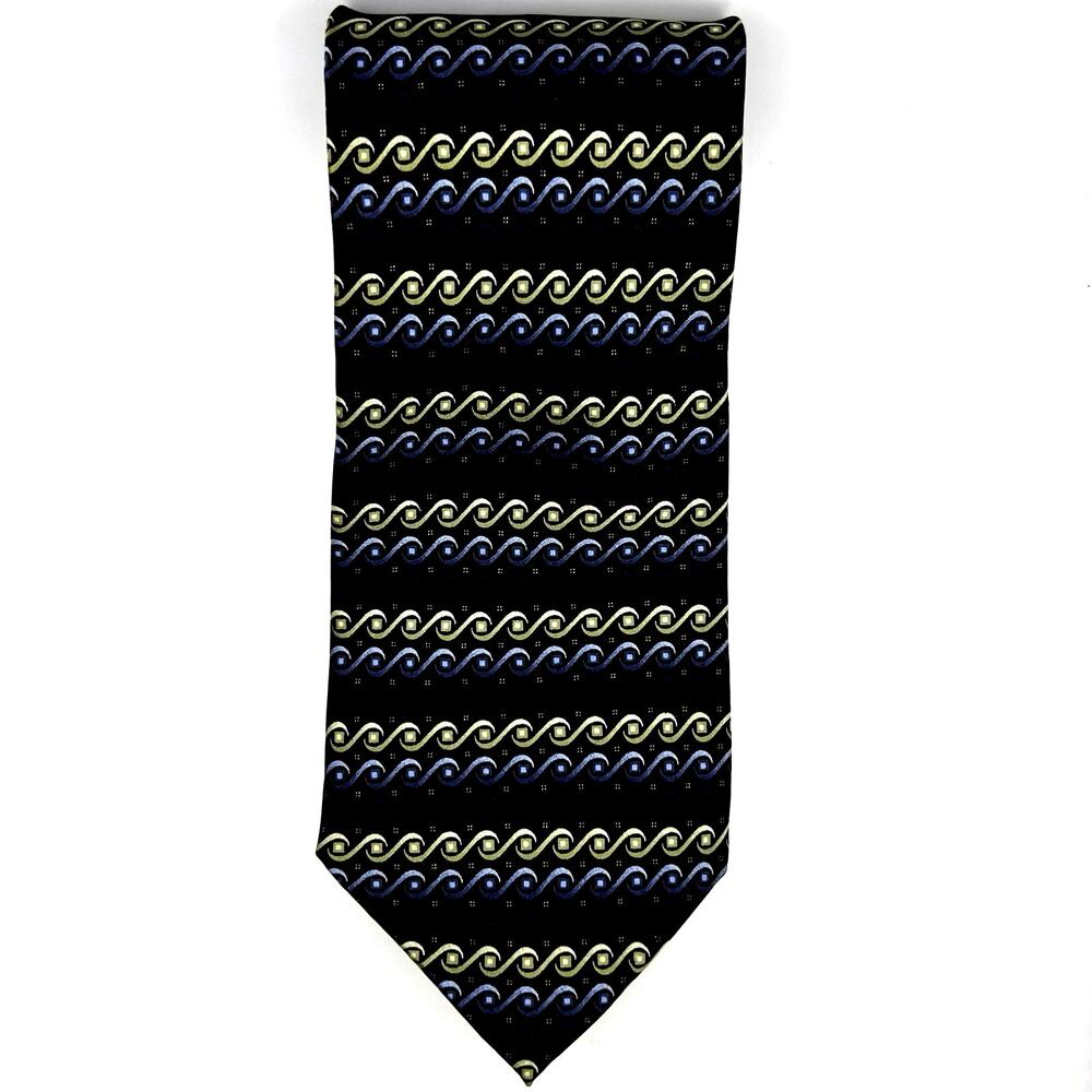 Kilburne and Finch MENS tie -Big & Tall- 68" Long -Black Blue Green Wave-Silk